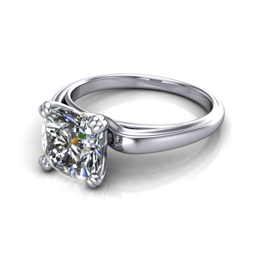 Erika cushion classic engagement ring in 18K White Gold, three-quarter perspective showing the cushion center diamond in a four-prong head on a polished band