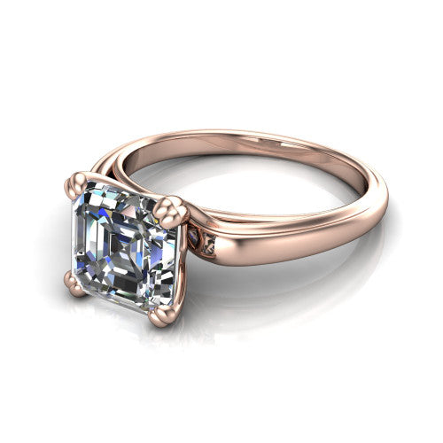 Erika square emerald-cut classic engagement ring in 14K Rose Gold, three-quarter perspective showing the square emerald-cut center diamond in a four-prong head on a polished band