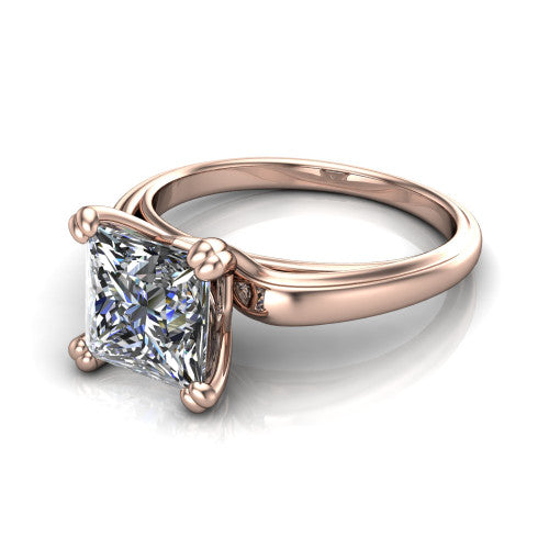 Erika princess-cut classic engagement ring in 14K Rose Gold, three-quarter perspective showing the princess-cut center diamond in a four-prong head on a polished band
