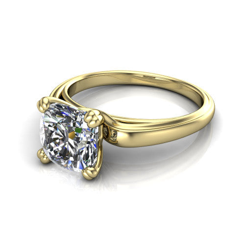 Erika cushion classic engagement ring in 18K Yellow Gold, three-quarter perspective showing the cushion center diamond in a four-prong head on a polished band