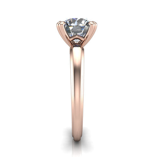 Erika round classic engagement ring in 14K Rose Gold, side profile showing the four-prong head and polished profile in side view
