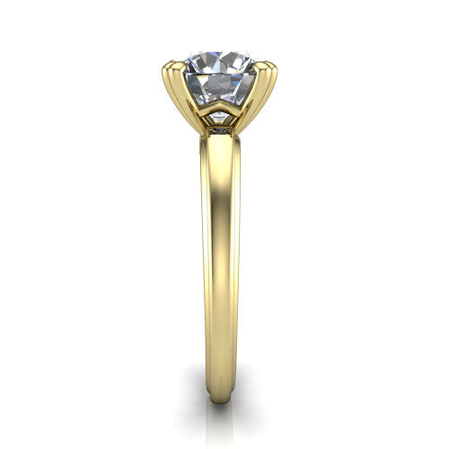 Erika round classic engagement ring in 18K Yellow Gold, side profile showing the four-prong head and polished profile in side view