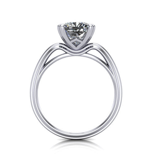 Erika cushion classic engagement ring in 18K White Gold, through-finger front profile showing the open decorative gallery and polished band from the front