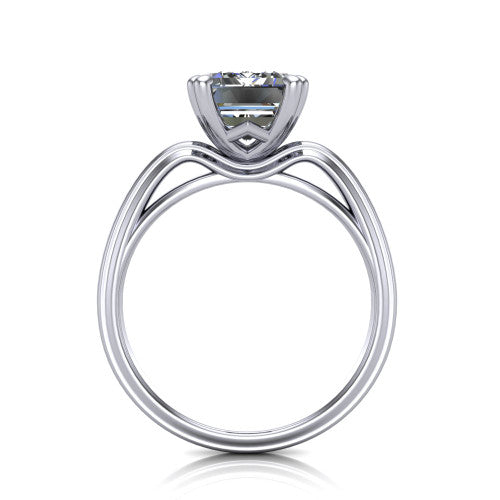 Erika emerald-cut classic engagement ring in 14K White Gold, through-finger front profile showing the open decorative gallery and polished band from the front