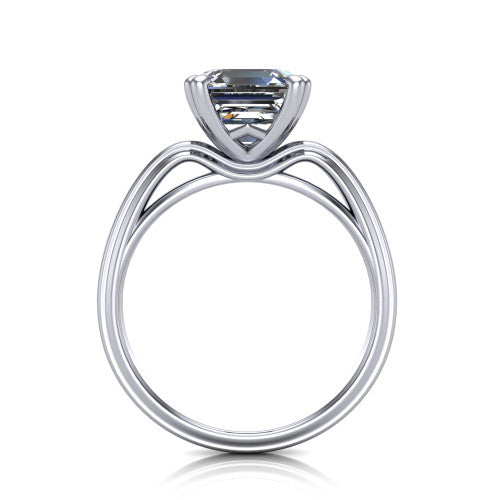 Erika square emerald-cut classic engagement ring in 18K White Gold, through-finger front profile showing the open decorative gallery and polished band from the front