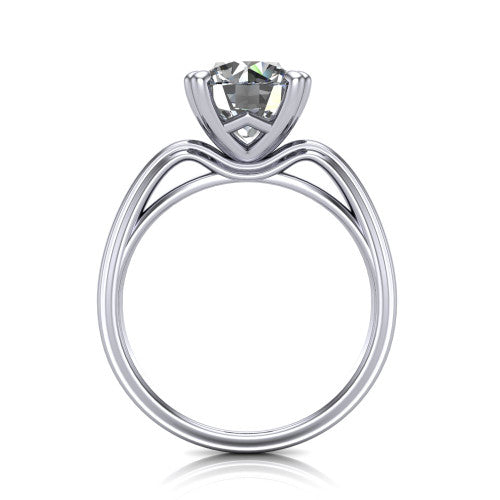 Erika round classic engagement ring in Platinum, through-finger front profile showing the open decorative gallery and polished band from the front