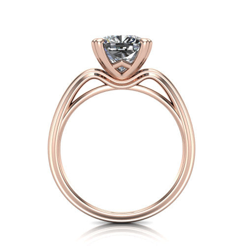 Erika cushion classic engagement ring in 14K Rose Gold, through-finger front profile showing the open decorative gallery and polished band from the front