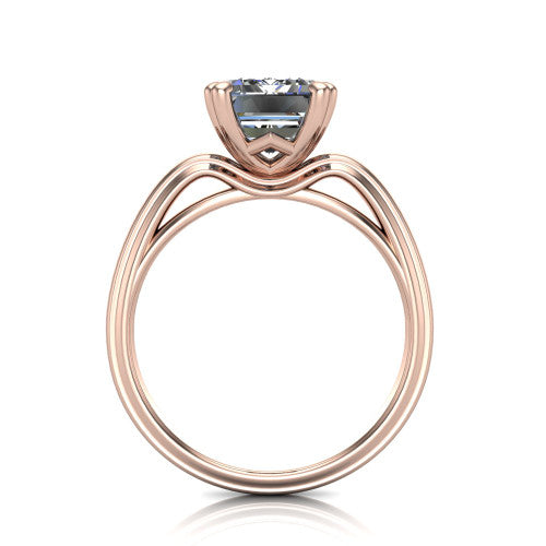 Erika emerald-cut classic engagement ring in 18K Rose Gold, through-finger front profile showing the open decorative gallery and polished band from the front