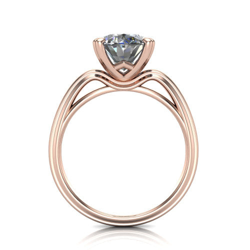 Erika oval classic engagement ring in 18K Rose Gold, through-finger front profile showing the open decorative gallery and polished band from the front
