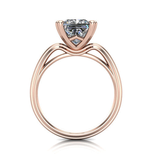 Erika princess-cut classic engagement ring in 14K Rose Gold, through-finger front profile showing the open decorative gallery and polished band from the front