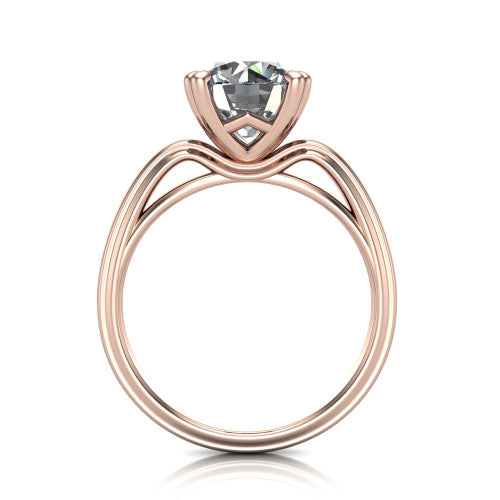 Erika round classic engagement ring in 14K Rose Gold, through-finger front profile showing the open decorative gallery and polished band from the front