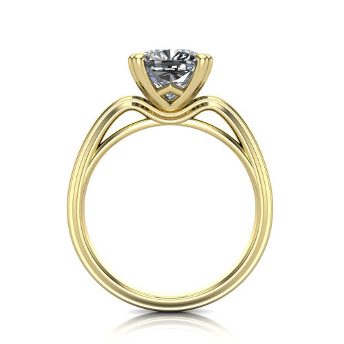 Erika cushion classic engagement ring in 18K Yellow Gold, through-finger front profile showing the open decorative gallery and polished band from the front