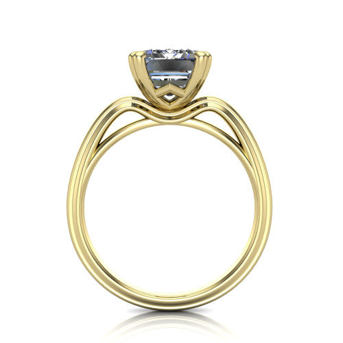 Erika emerald-cut classic engagement ring in 14K Yellow Gold, through-finger front profile showing the open decorative gallery and polished band from the front