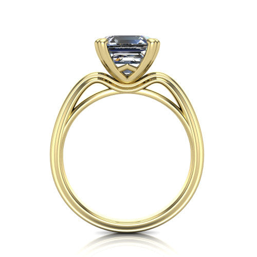 Erika square emerald-cut classic engagement ring in 18K Yellow Gold, through-finger front profile showing the open decorative gallery and polished band from the front