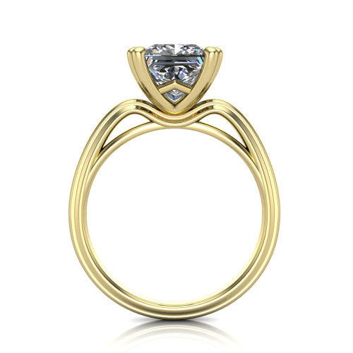 Erika princess-cut classic engagement ring in 18K Yellow Gold, through-finger front profile showing the open decorative gallery and polished band from the front