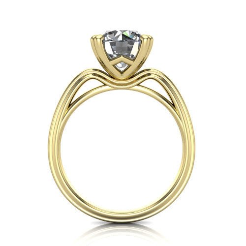 Erika round classic engagement ring in 18K Yellow Gold, through-finger front profile showing the open decorative gallery and polished band from the front