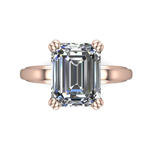 Erika emerald-cut classic engagement ring in 14K Rose Gold, top-down view showing the emerald-cut center diamond and four prongs from above