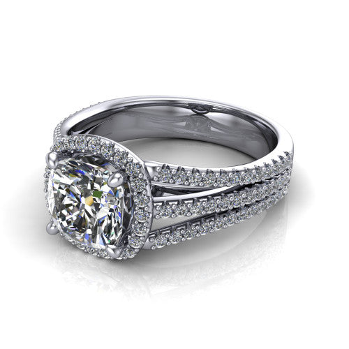 Kamila cushion halo engagement ring in 14K White Gold, three-quarter perspective showing the cushion center diamond in a pave halo above a split triple-row band