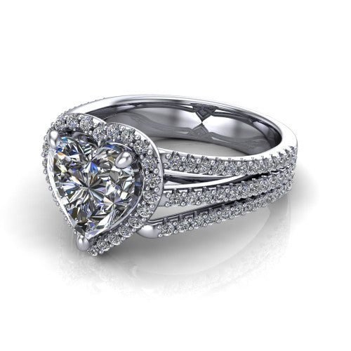 Kamila heart halo engagement ring in 14K White Gold, three-quarter perspective showing the heart center diamond in a pave halo above a split triple-row band