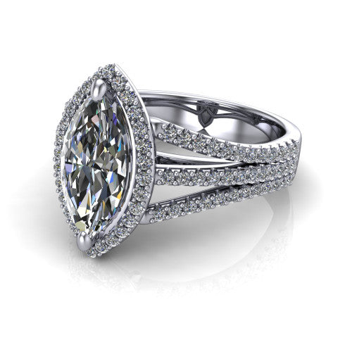 Kamila marquise halo engagement ring in 18K White Gold, three-quarter perspective showing the marquise center diamond in a pave halo above a split triple-row band