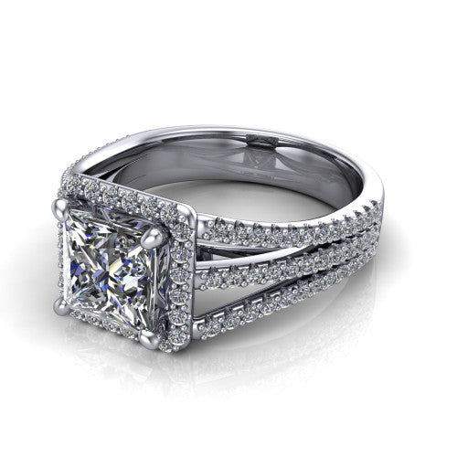 Kamila princess-cut halo engagement ring in 14K White Gold, three-quarter perspective showing the princess-cut center diamond in a pave halo above a split triple-row band