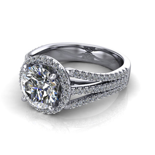 Kamila round halo engagement ring in 18K White Gold, three-quarter perspective showing the round center diamond in a pave halo above a split triple-row band