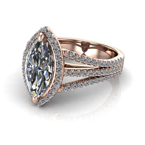 Kamila marquise halo engagement ring in 14K Rose Gold, three-quarter perspective showing the marquise center diamond in a pave halo above a split triple-row band