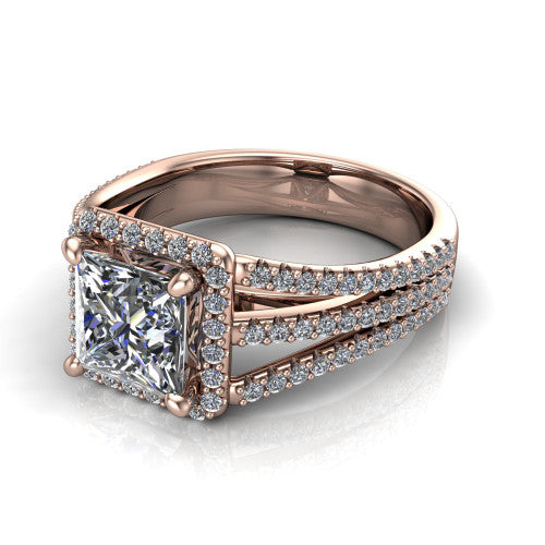 Kamila princess-cut halo engagement ring in 18K Rose Gold, three-quarter perspective showing the princess-cut center diamond in a pave halo above a split triple-row band