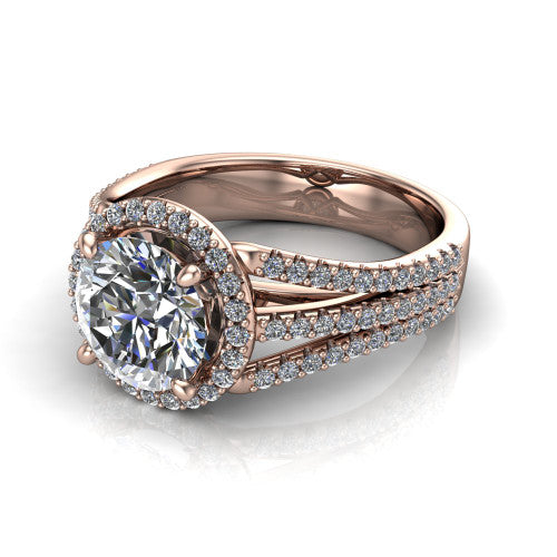 Kamila round halo engagement ring in 18K Rose Gold, three-quarter perspective showing the round center diamond in a pave halo above a split triple-row band