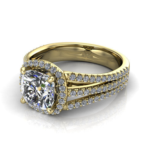 Kamila cushion halo engagement ring in 18K Yellow Gold, three-quarter perspective showing the cushion center diamond in a pave halo above a split triple-row band