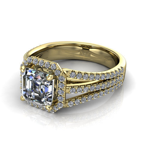 Kamila square emerald-cut halo engagement ring in 14K Yellow Gold, three-quarter perspective showing the square emerald-cut center diamond in a pave halo above a split triple-row band