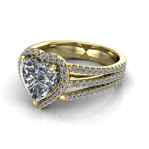Kamila heart halo engagement ring in 18K Yellow Gold, three-quarter perspective showing the heart center diamond in a pave halo above a split triple-row band