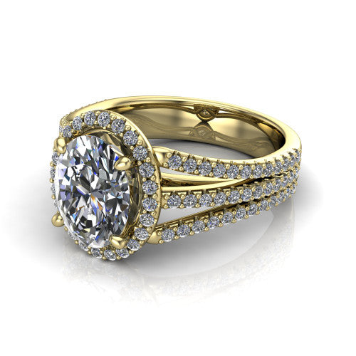 Kamila oval halo engagement ring in 14K Yellow Gold, three-quarter perspective showing the oval center diamond in a pave halo above a split triple-row band