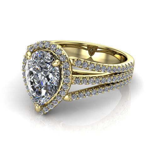 Kamila pear halo engagement ring in 14K Yellow Gold, three-quarter perspective showing the pear center diamond in a pave halo above a split triple-row band