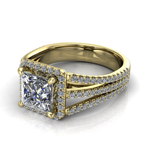 Kamila princess-cut halo engagement ring in 18K Yellow Gold, three-quarter perspective showing the princess-cut center diamond in a pave halo above a split triple-row band