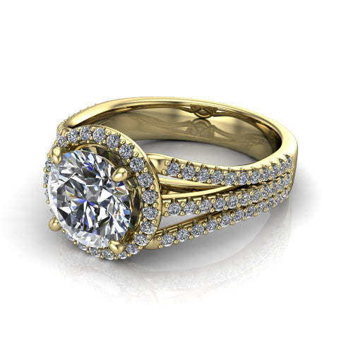 Kamila round halo engagement ring in 18K Yellow Gold, three-quarter perspective showing the round center diamond in a pave halo above a split triple-row band