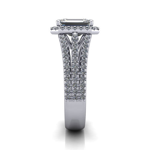 Kamila emerald-cut halo engagement ring in Platinum, side profile showing the split pave band and halo in side view