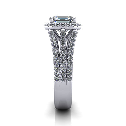 Kamila square emerald-cut halo engagement ring in Platinum, side profile showing the split pave band and halo in side view