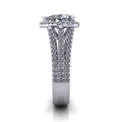 Kamila heart halo engagement ring in 18K White Gold, side profile showing the split pave band and halo in side view
