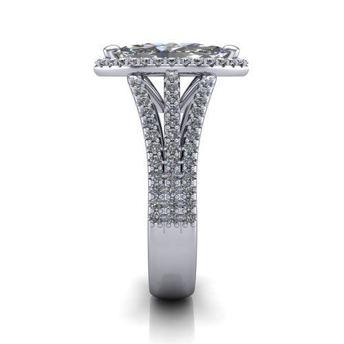 Kamila marquise halo engagement ring in 18K White Gold, side profile showing the split pave band and halo in side view