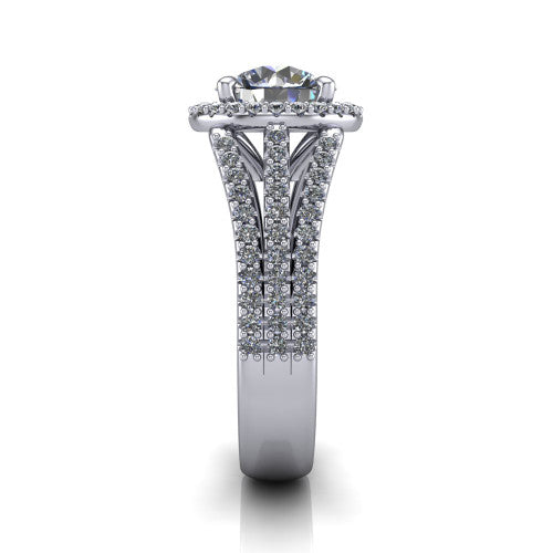 Kamila round halo engagement ring in Platinum, side profile showing the split pave band and halo in side view