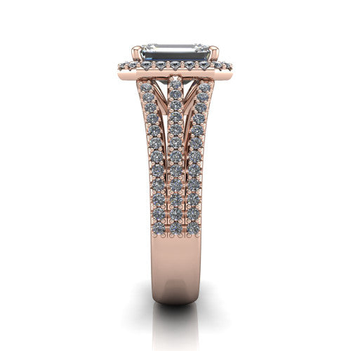 Kamila emerald-cut halo engagement ring in 14K Rose Gold, side profile showing the split pave band and halo in side view