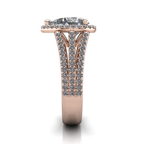 Kamila pear halo engagement ring in 18K Rose Gold, side profile showing the split pave band and halo in side view