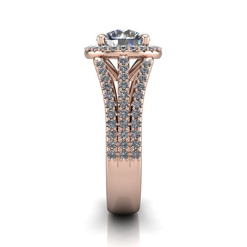 Kamila round halo engagement ring in 14K Rose Gold, side profile showing the split pave band and halo in side view