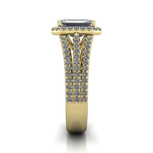 Kamila emerald-cut halo engagement ring in 18K Yellow Gold, side profile showing the split pave band and halo in side view
