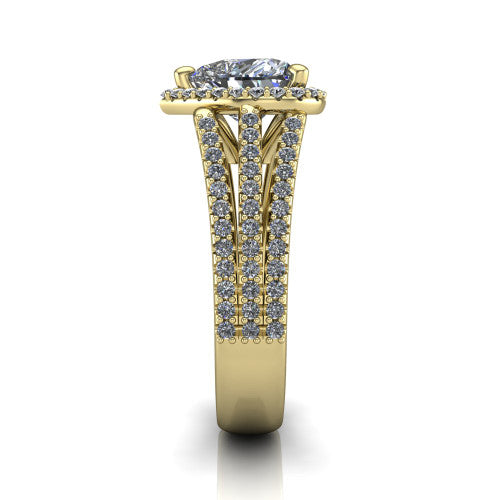 Kamila heart halo engagement ring in 14K Yellow Gold, side profile showing the split pave band and halo in side view