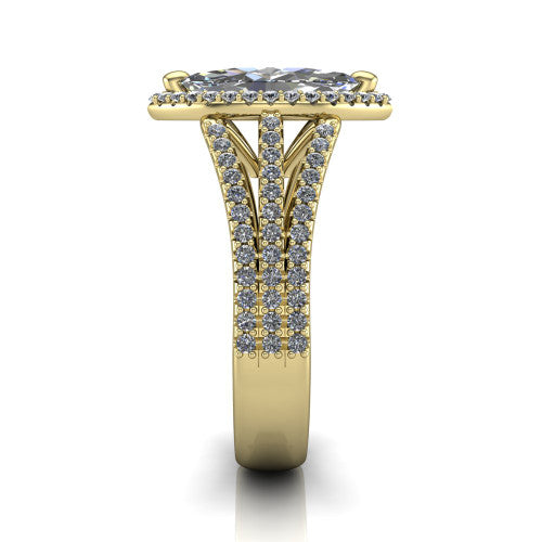 Kamila marquise halo engagement ring in 14K Yellow Gold, side profile showing the split pave band and halo in side view