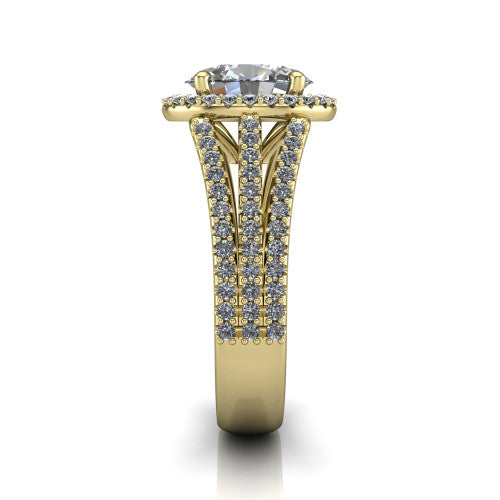 Kamila oval halo engagement ring in 14K Yellow Gold, side profile showing the split pave band and halo in side view