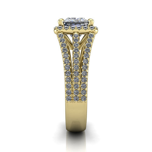 Kamila princess-cut halo engagement ring in 18K Yellow Gold, side profile showing the split pave band and halo in side view