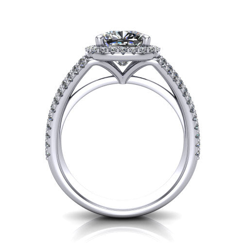 Kamila cushion halo engagement ring in Platinum, through-finger front profile showing the triple-row split band and halo from the front